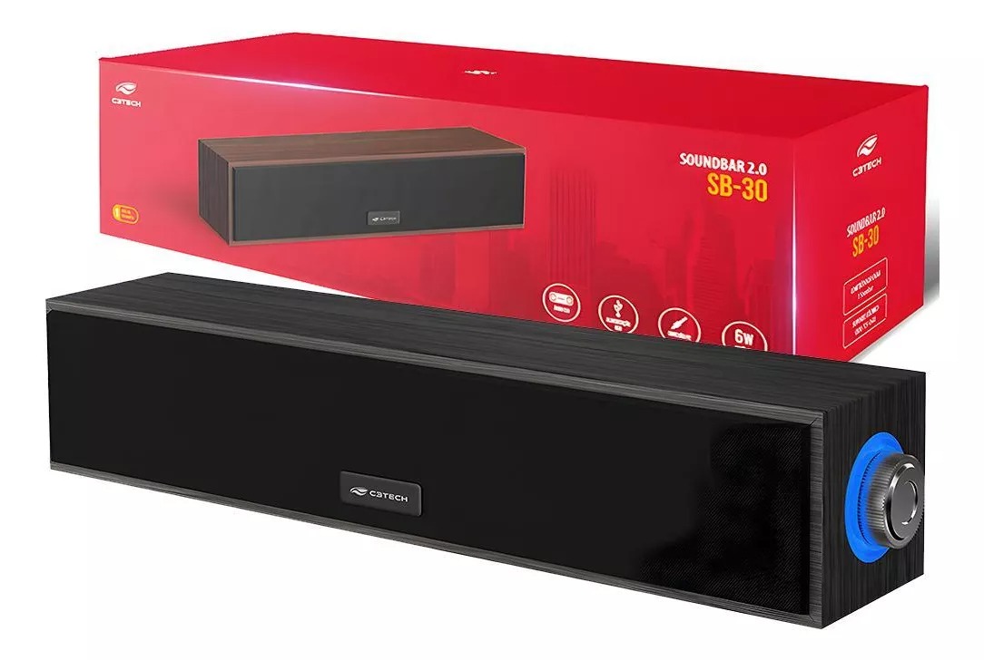 Soundbar C3Tech SB-30BK 2.0 - Conexão P2 e Alimentação USB Soundbar C3Tech SB-30BK 2.0 - Conexão P2 e Alimentação USB
