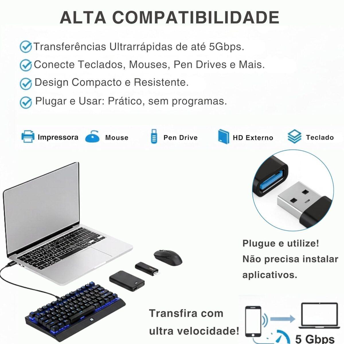 Adaptador USB Tipo C para USB 3.0 Tipo A Fêmea, Conecte Teclados, Mouses, Pen Drives, HDs, SSDs e Controles no MacBook e PC, iPhones, Galaxy S24, PS5, Xbox, Tablets e Notebooks...