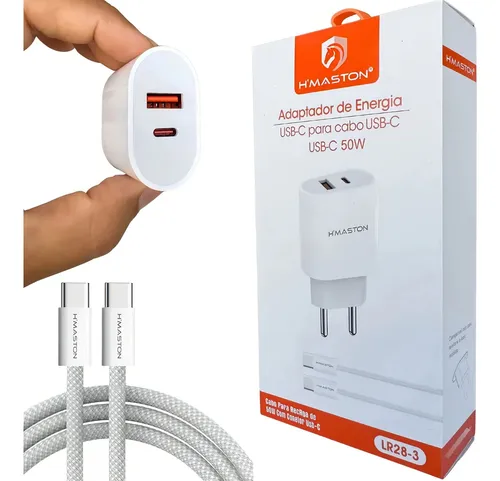 Carregador + Cabo Turbo 50w H`maston Usb-c + Usb Original Branco